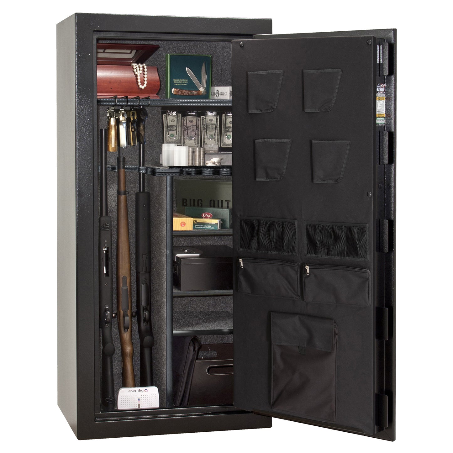 Centurion DLX 24 | Level 1 Security | 40 Minute Fire Protection | Dimensions: 59.5" x 28.25" x 20" | Textured Black | Chrome | Elock - Drop Handle Promotion - Open Door