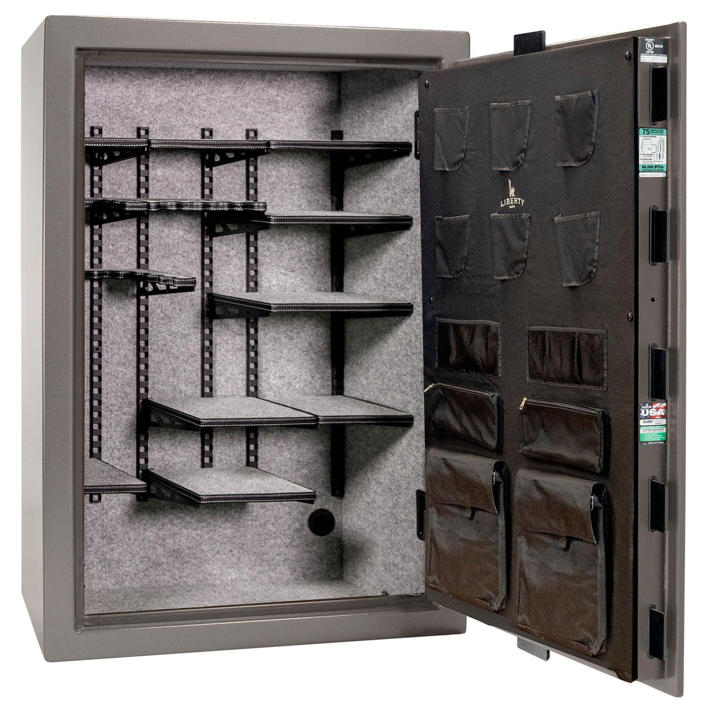 Colonial 35 | Pro Flex Interior | Level 4 Security | 75 Minute Fire Protection | Dimensions: 60.5"(H) x 42"(W) x 22"(D) | Up to 45 Long Guns | Gray Gloss | Electronic Lock - Open