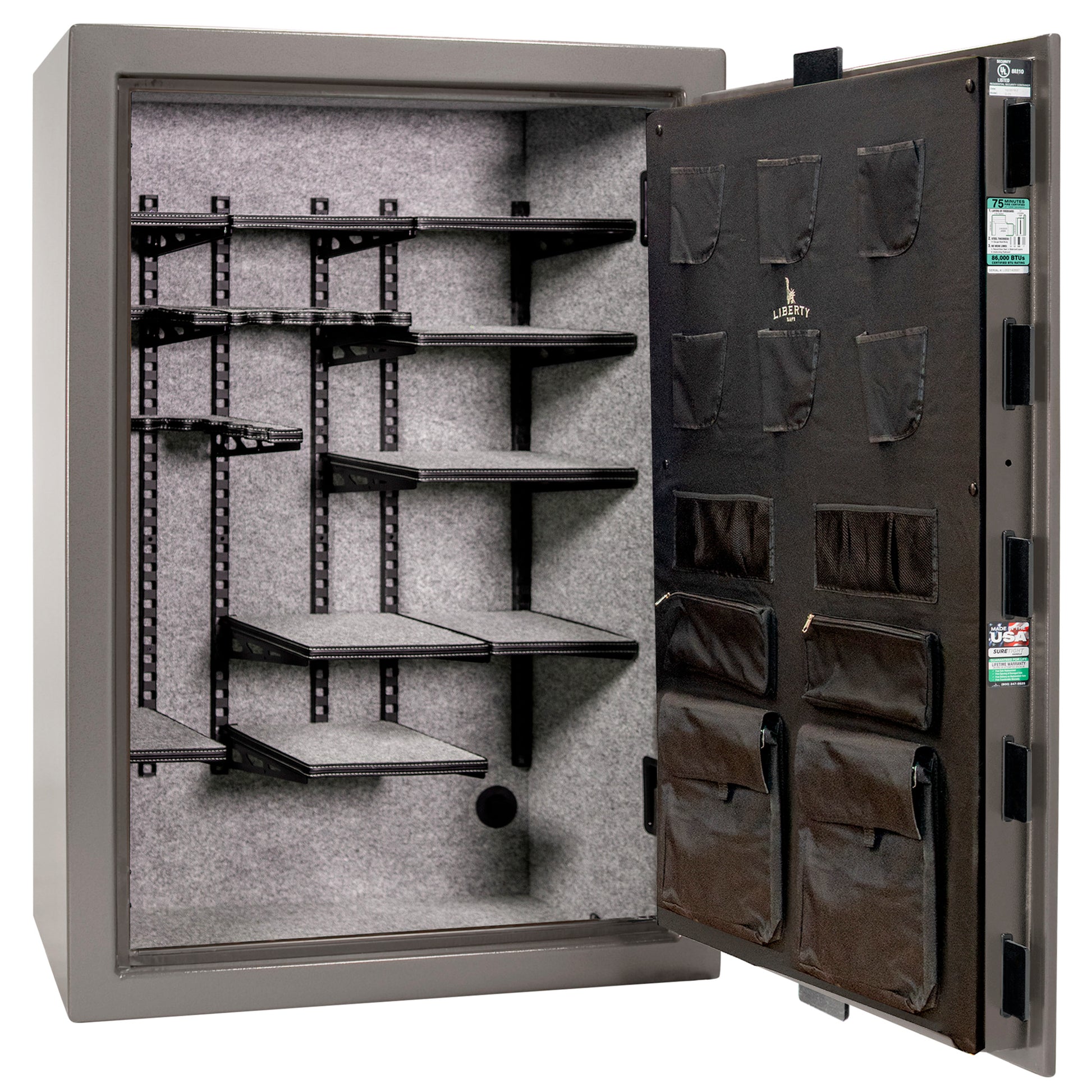 Colonial 35 | Pro Flex Interior | Level 4 Security | 75 Minute Fire Protection | Dimensions: 60.5"(H) x 42"(W) x 22"(D) | Up to 45 Long Guns | Gray Gloss | Mechanical Lock - Open