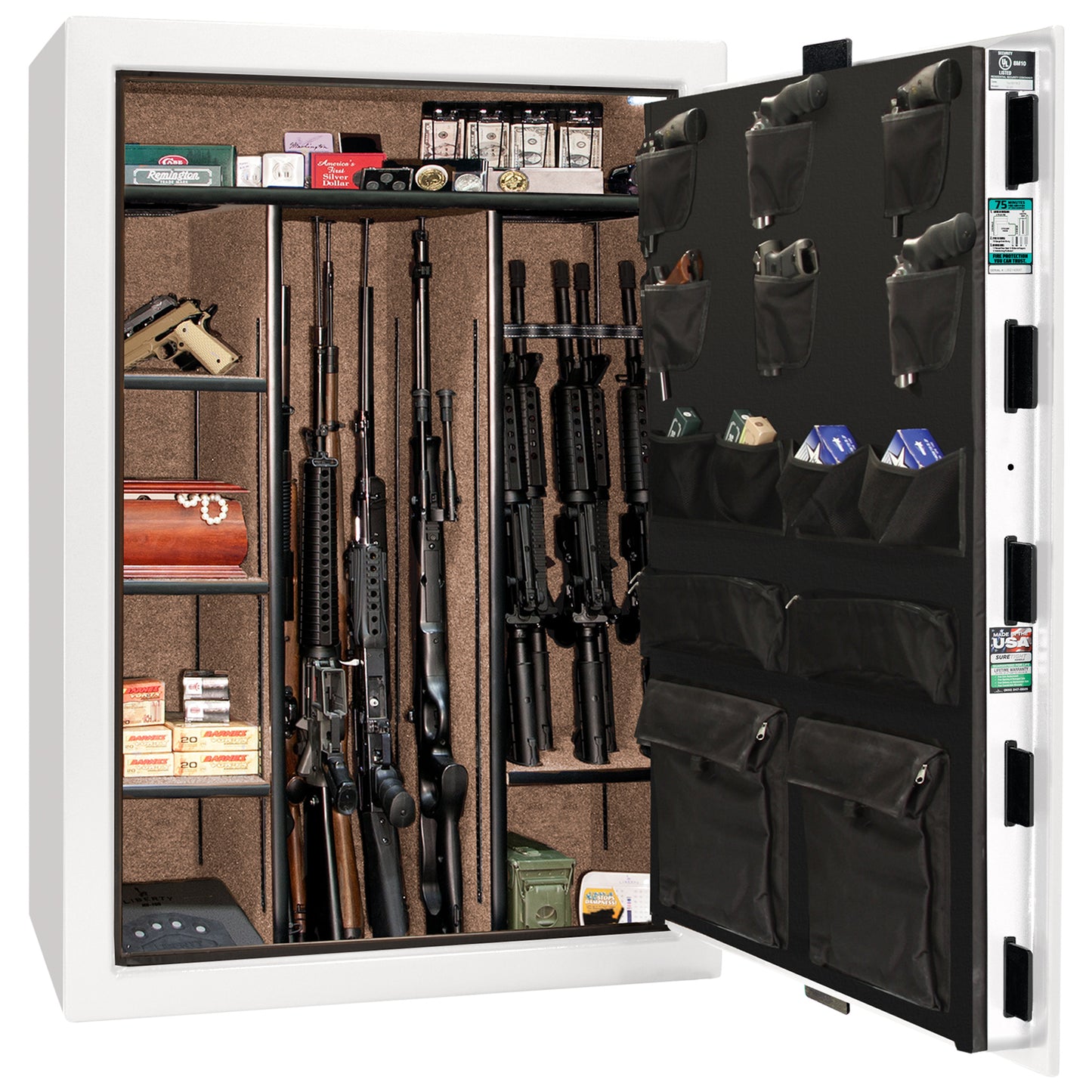 Colonial Series | Level 4 Security | 75 Minute Fire Protection | 35 | DIMENSIONS: 60.5"(H) X 42”(W) X 22"(D*) | White Gloss Black Chrome | Electronic Lock - open