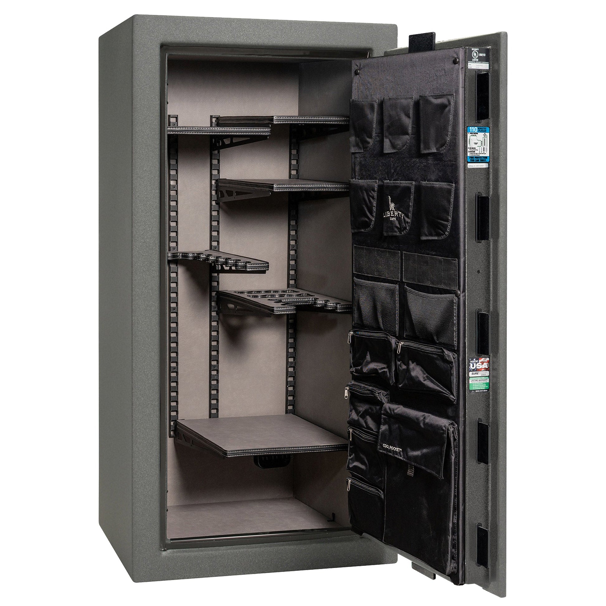 Franklin Series | Level 5 Security | 110 Minute Fire Protection | 29 | DIMENSIONS: 60.5"(H) X 30"(W) X 27.5"(D*) | Textured Granite | ProFlex Modular Shelving – Open Door Empty