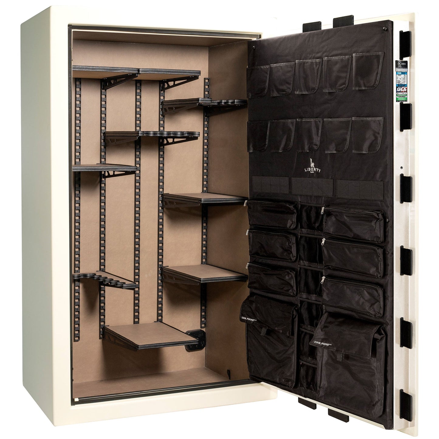 Franklin Series | Level 5 Security | 110 Minute Fire Protection | 50 | DIMENSIONS: 72.5"(H) X 42"(W) X 27.5"(D*) | White Gloss Black Chrome | ProFlex Modular Shelving - Open Door Empty