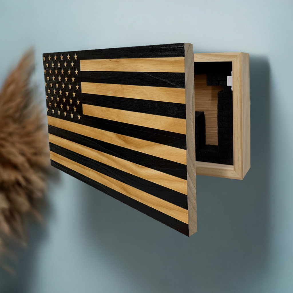 American Flag Decorative & Secure Wall-Mounted Gun Cabinet (Black)