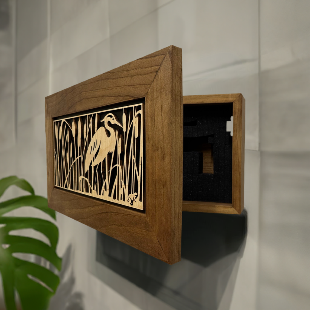 Decorative Gun Safe Heron in Cattails Wall-Mounted Gun Cabinet To Securely Store Your Gun In Plain Sight