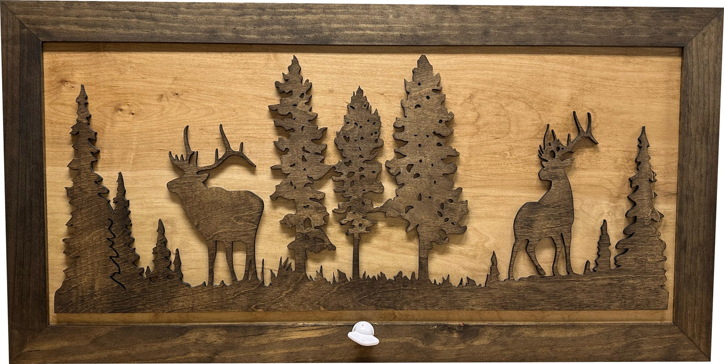 Large Hidden Gun Storage Cabinet Wall Decor - Deer and Moose In The Woods Scene