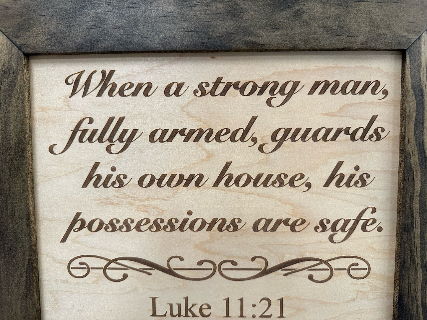 Hidden Gun Safe Recessed In Wall With Luke 11:21 Bible Verse Decoration - Recess In The Wall or Mount On The Wall by Bellewood Designs