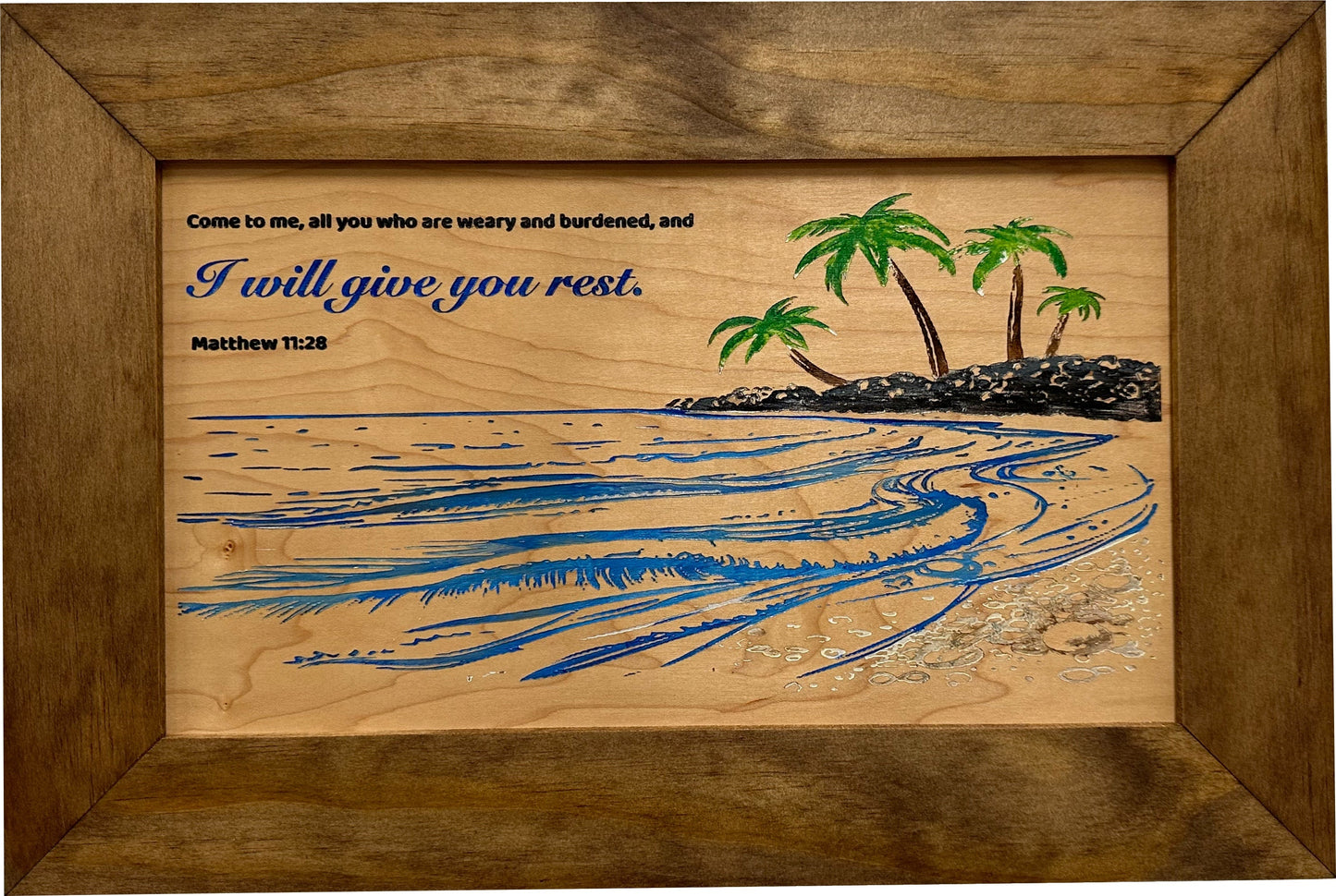 Bible Verse Decorative & Secure Wall-Mounted Gun Cabinet - Matthew 11:28 and Coastal Scene